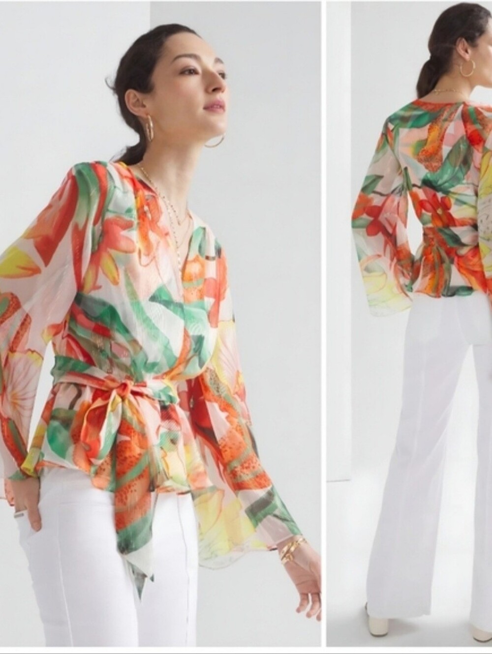 White House Black Market Sheer Floral Tie-Front Jacket in Red Green Yellow